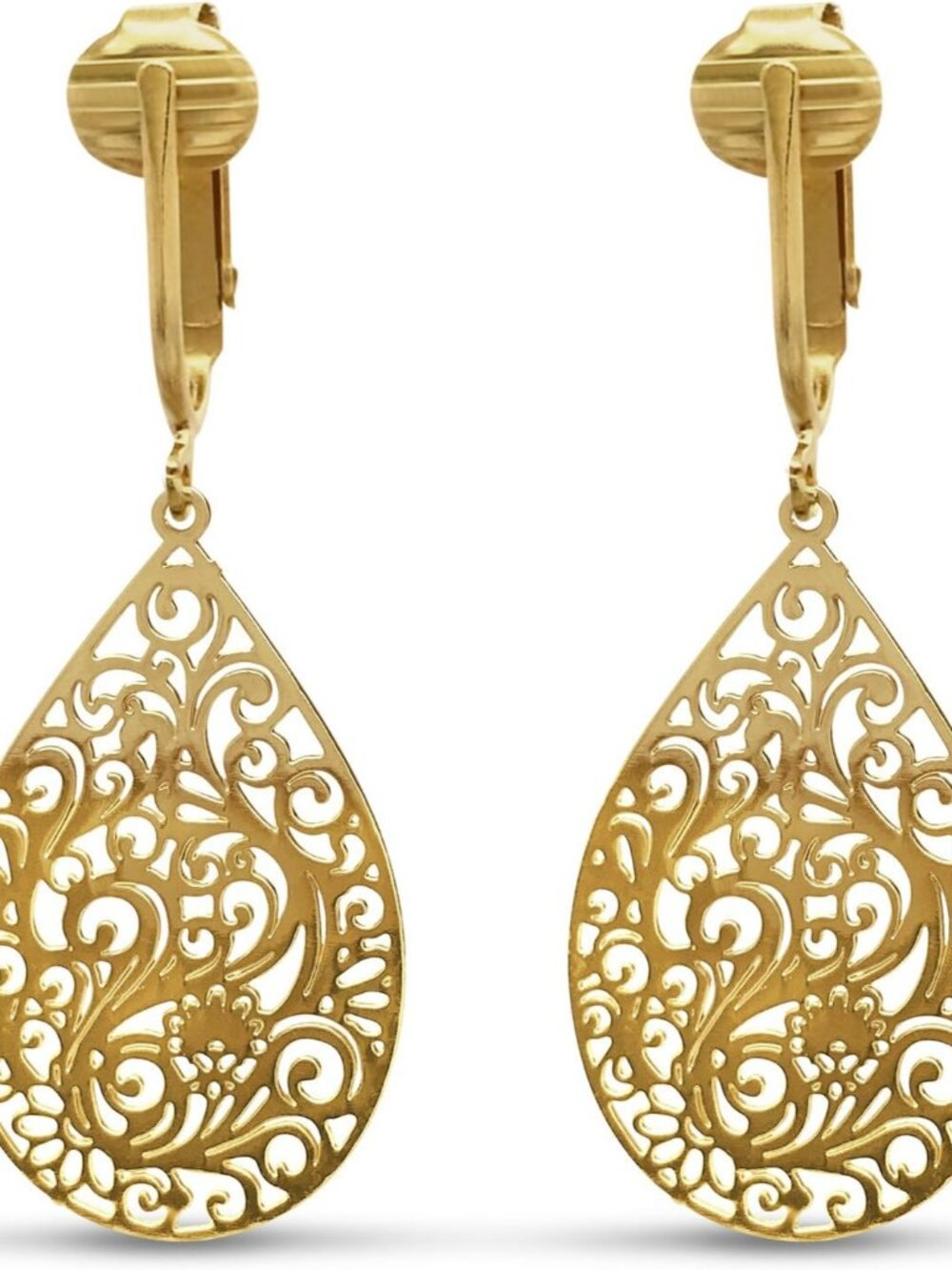 Small Victorian Filigree Teardrop Clip On Dangle Earrings